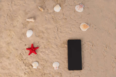 Top view of smartphone and seashells on sand.