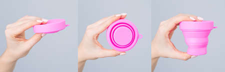 Folded container for sterilizing the menstrual cup on a white background. Collageの写真素材