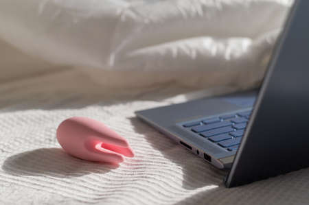 Clitoral vibrator and laptop on the bed in a white sheetの写真素材