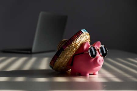Piggy bank in sunglasses and sombrero with a laptop in the backgroundの写真素材