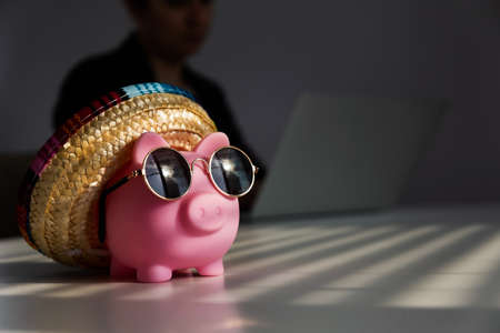 Piggy bank in sunglasses and a sombrero in the background woman works for a laptopの写真素材