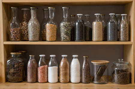 Glass jars with cereals in an eco friendly store. The concept of a grocery store without plastic disposable packagingの写真素材