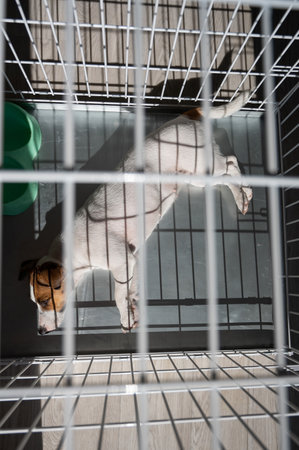 Sad dog Jack Russell Terrier lies in a cage. View from aboveの写真素材