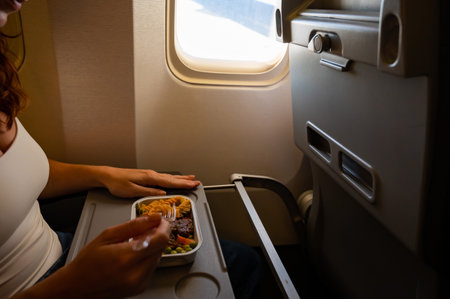 Caucasian woman flying in economy class and eating lunch from a tray table on board the plane.の写真素材
