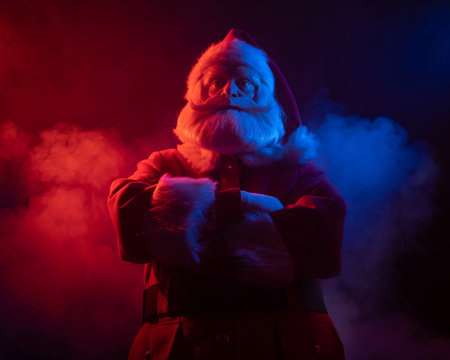 Santa claus in blue red smoke. Party for Christmas.の写真素材