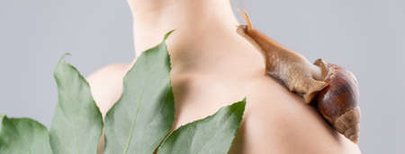 A large snail is crawling over the woman. Skin rejuvenation procedure.の写真素材