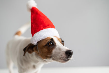 Portrait of a dog jack russell terrier in a santa claus hat on a white background. Christmas greeting cardの写真素材