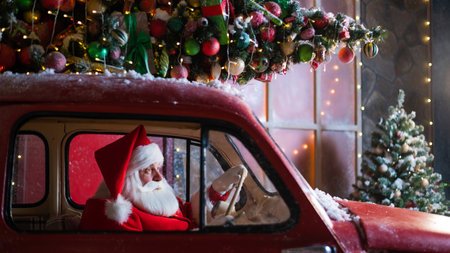 Portrait of santa claus driving a red car for christmas.の写真素材