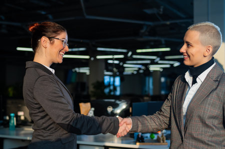 Two young business women shake hands at work. The office staff made a dealの写真素材