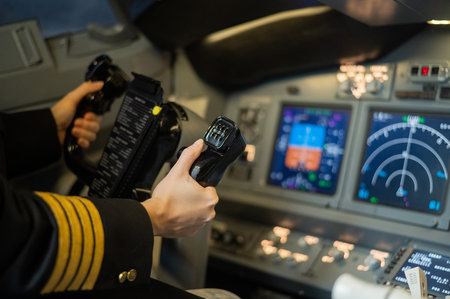 The hands of a female pilot at the helm of an airplane. Caucasian woman in flight simulator.