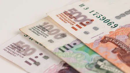 Close-up of banknotes. Five thousand, one thousand, five hundred rubles.