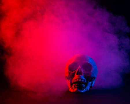 Human skull in pink and blue smoke on a black background. Halloween.の写真素材