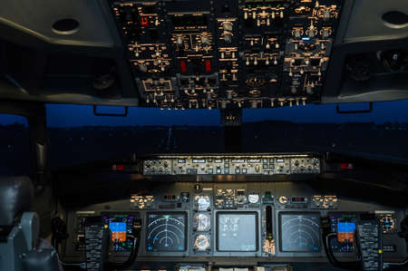 General view of the empty cockpit cockpit. Commercial flight simulator for flight training.の写真素材