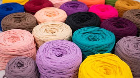 Close-up of multi-colored cotton skeins. Shop assortment for handmadeの写真素材