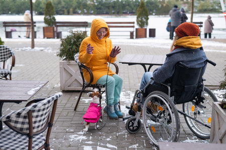 Two girlfriends in a cafe on a street terrace in winter. Woman in a wheelchair.