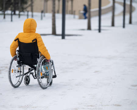 Caucasian woman with disabilities rides on a chair in the park in winter. Back view of a girl on a walk in a wheelchair.の写真素材