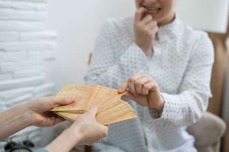 Psychologist uses metaphorical associative cards in a session with a patient.の写真素材
