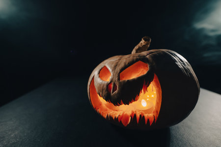 A creepy pumpkin with a carved grimace in the smoke. Jack o lantern in the dark.の写真素材