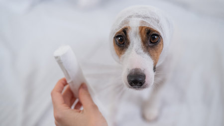 Veterinarian wraps a bandage around the head of a dog Jack Russell Terrier.の写真素材