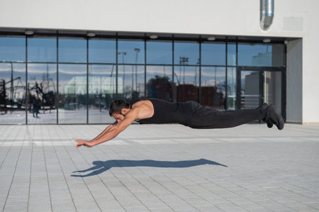 A man in black sportswear jumps while doing push-ups outdoors.