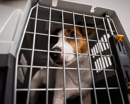 Jack Russell Terrier dog inside a cage for the safe transportation of pets. Travel box.の写真素材