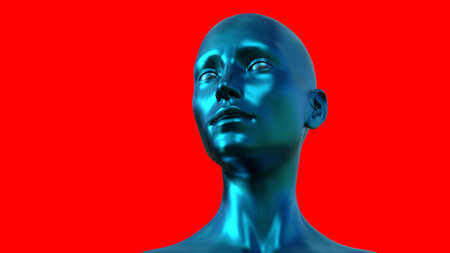 3d illustration. Portrait of a blue bald woman on a red background.の写真素材