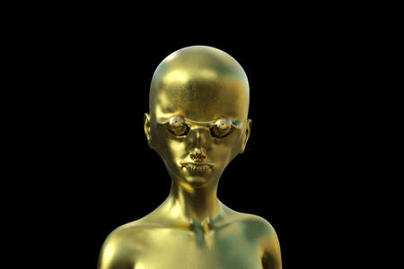 Golden bald alien humanoid on a black background.の写真素材