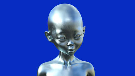Silver bald alien humanoid on a blue background.