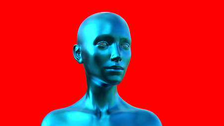 3d illustration. Portrait of a blue bald woman on a red background.の写真素材