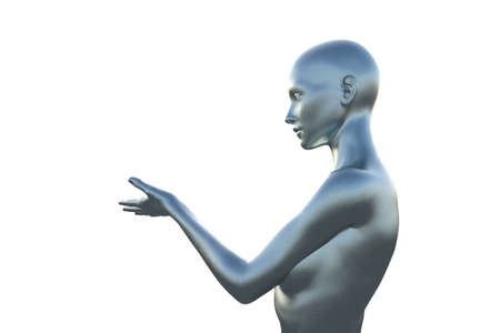 3D render portrait of a silver bald woman on a white background.