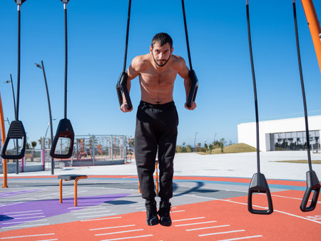 Shirtless man doing loop exercises outdoors.