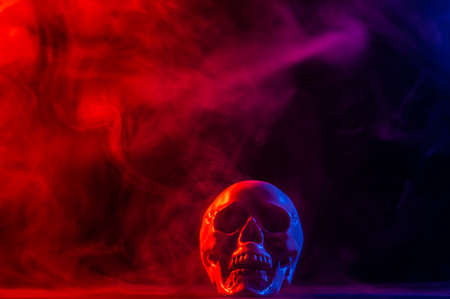 Human skull in pink and blue smoke on a black background. Halloween.の写真素材