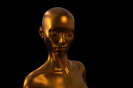 3D render portrait of a gold bald woman on a black background.の写真素材