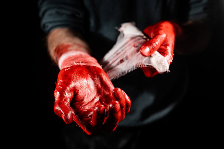 A man covered in blood bandages his hands.の写真素材