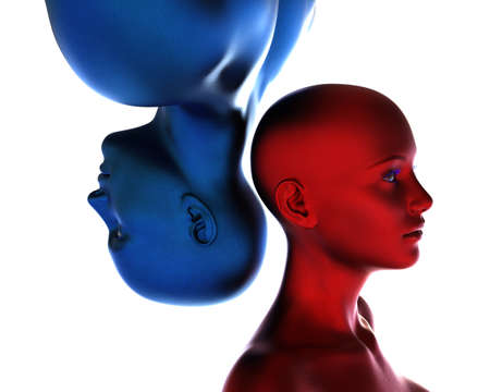 3d render. Portrait of a blue bald man upside down and a red bald woman on a white background.の写真素材