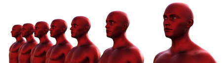 3d render. Row of red metallic bald male heads on white background.