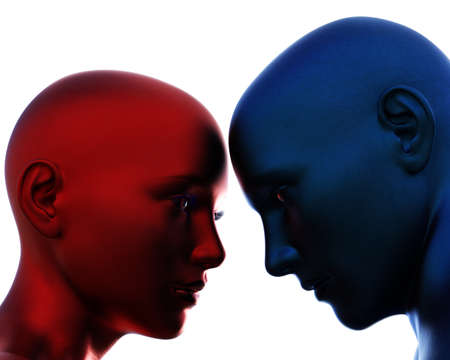 3d render. Portrait of blue bald man and red bald woman on white background.の写真素材