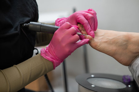 The master makes hardware pedicures to the client. Cuticle treatment.の写真素材