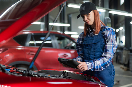 Caucasian female auto mechanic uses a special computer to diagnose faults.の写真素材