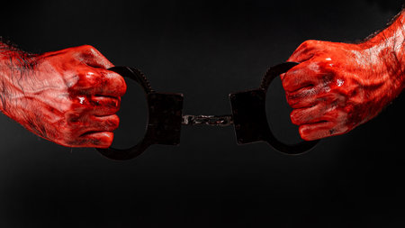 A man with bloody hands holds iron handcuffs.の写真素材