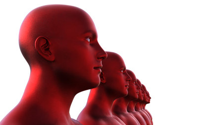 3d render. Row of red metallic bald male heads on white background.の写真素材
