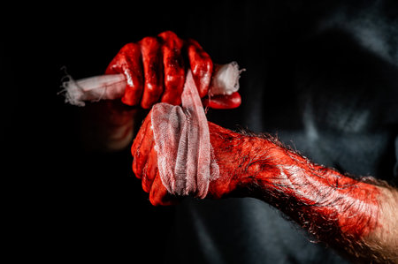 A man covered in blood bandages his hands.の写真素材