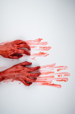 Female hands in blood on a white background.