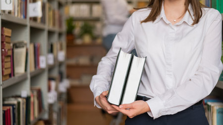Close-up of female hands with books in public library.の写真素材