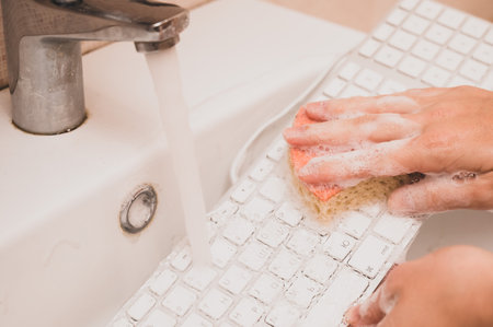 Woman washing white computer keyboard with a sponge with foam.