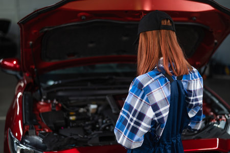 Caucasian female auto mechanic uses a special computer to diagnose faults.の写真素材