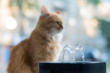 Ginger cat drinks fresh water from an electric drinking fountain.の写真素材