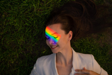 Top view of caucasian woman with rainbow ray on her face lies on green grass.