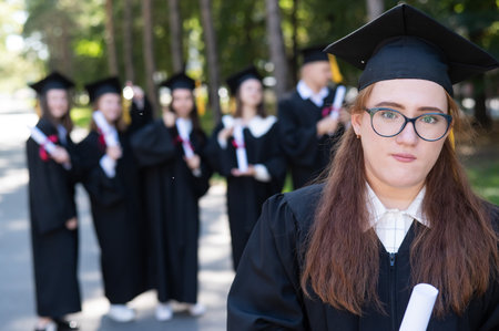 Portrait of a young caucasian woman in glasses and a graduate gown against the background of classmates. A group of graduate students outdoors.の写真素材