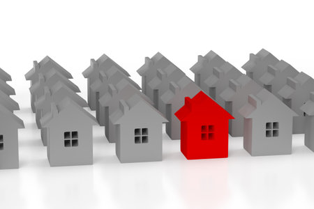 3d model. Many cottages and one red. Difference.の写真素材